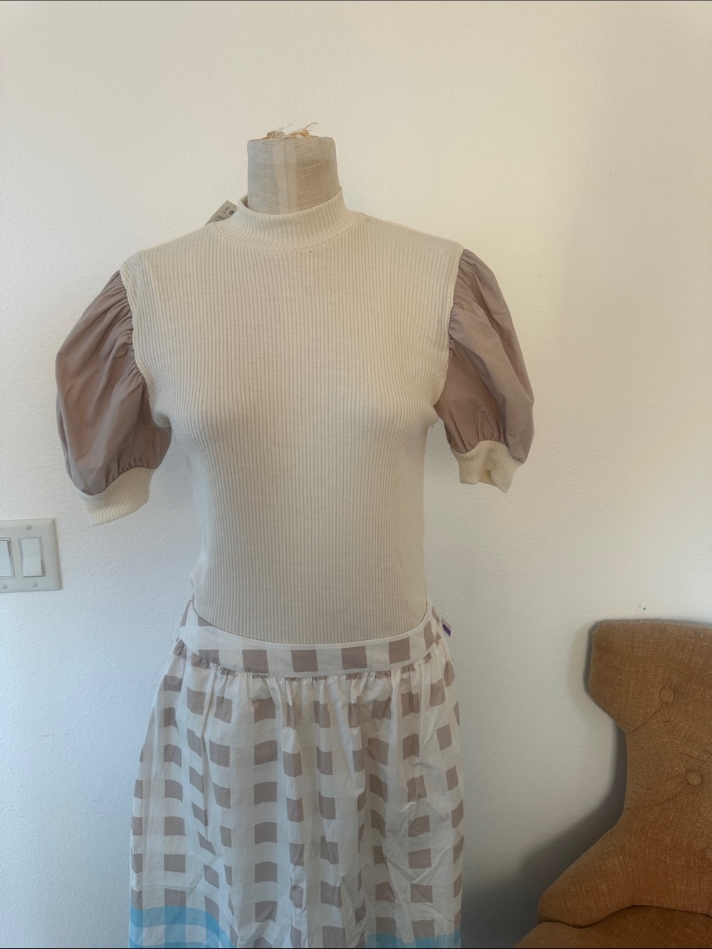 Zara Cream Ribbed Mock Neck Top with Taupe Puff Sleeves